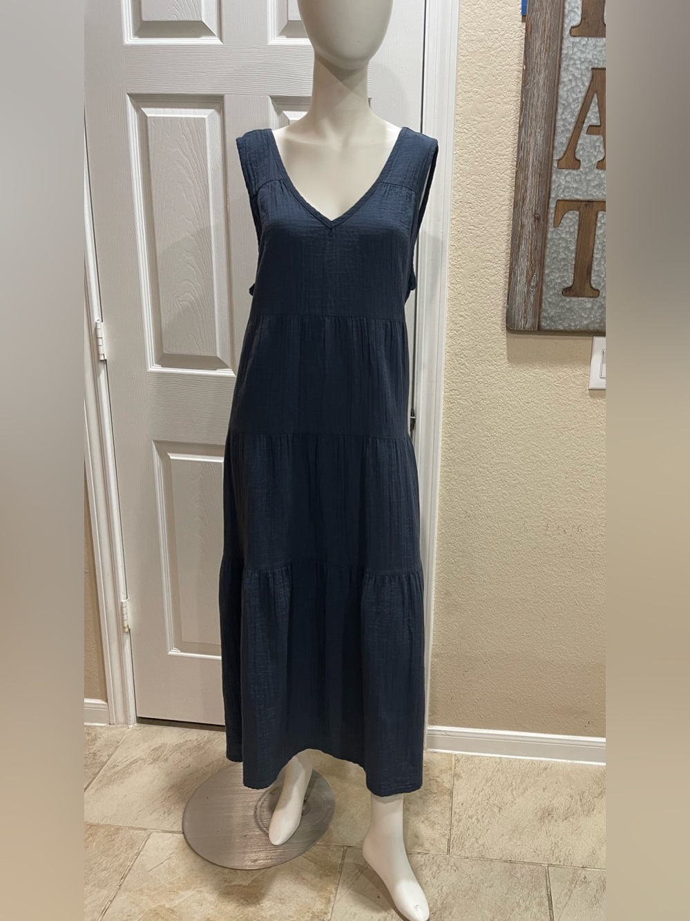 Quince 100% Organic Cotton Gauze Tiered Maxi Dress in Indigo Blue Size XLarge